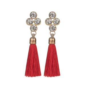 Boheemse rode kwast oorbellen met kristal strass cluster hanger, vintage legering.