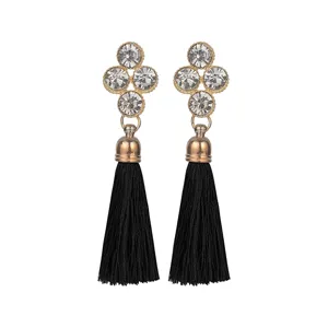 Vintage Bohemian Legering Strass Kruis Klaver Kwastje Oorhanger Voor Dames Etnische Stijl Lange Fransen Statement Oorbellen Sieraden
