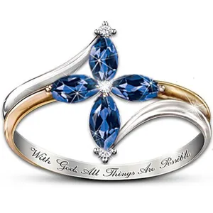 Prachtige blauwe kristal marquise kruis ring tweetonig mode sieraden cadeautje voor vrouwen