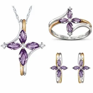 Tweekleurige paarse kristallen kruis ketting ring oorbellen sieraden set voor dames