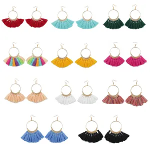 Bohemian kwastje creolen oorbellen voor vrouwen, vintage kleurrijke stoffen sieraden.