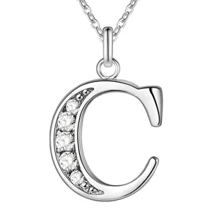 Zilveren letter C hanger ketting met sprankelende klare kristallen strass steentjes mode.