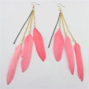 Gedetailleerd overzicht van lange veer kwast oorbellen, boho stijl strand sieraden.