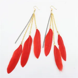 Lange rode veren kwast oorringen boho stijl strand sieraden hangende ketting oorbellen
