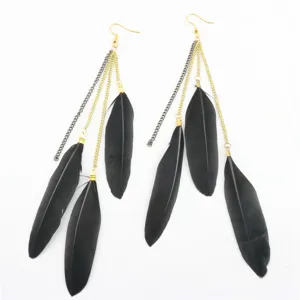 Lange zwarte veren kwast oorbellen met gouden kettingen boho stijl mode strand sieraden.