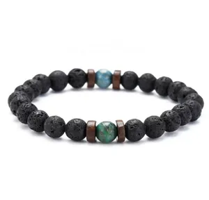 Etnische Lavasteen Kralen Elastische Armband Natuurlijke Vulkanische Steen Glas Houten Kralen Armband Voor Mannen Vrouwen Sieraden
