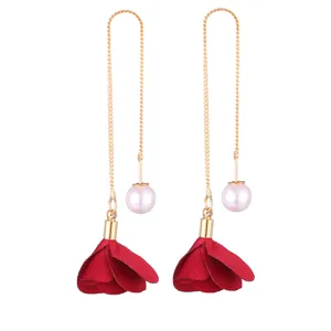 Alloy Artificial Pearl Long Tassel Drop Earrings Elegant Rose Flower Fabric Petal Ear Thread For Women Fashion Jewelry