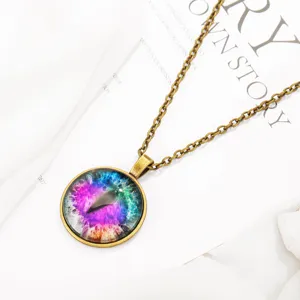 Vintage bronze colorful cat eye glass pendant necklace fashion time gem detail view.