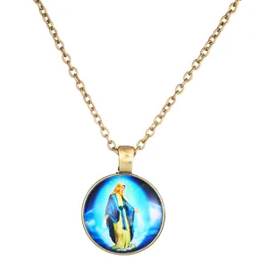 Antike bronzefarbene runde Anhänger Halskette mit religiösem Jungfrau Maria Glas Kunst Design.