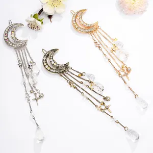 Pinza de Pelo de Luna Creciente con Cristal Borla Elegante Cadena Estrellas Detalle