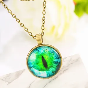 Exquisite green dragon eye glass cabochon pendant necklace with vintage bronze chain.