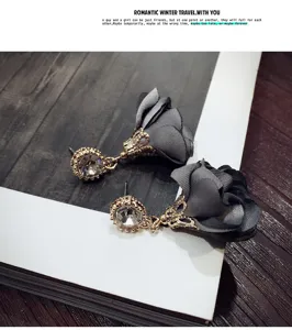 Korean style grey fabric rose flower crystal stud earrings elegant fashion jewelry for women