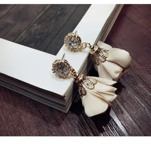 Elegant rhinestone stud earrings with fabric flower tassel pendants for women daily wear.