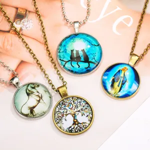 Vintage Rund Glas Cabochon Anhänger Halskette Retro Legierung Zeit Juwel Kette Halskette Für Damen Schmuck Dekoration Geschenk
