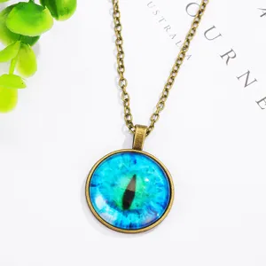 Vintage blue cat eye glass cabochon pendant necklace with bronze metal chain for women.