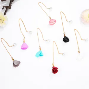 Long fabric flower tassel earrings with pearls, elegant multi-color drop earrings for women.