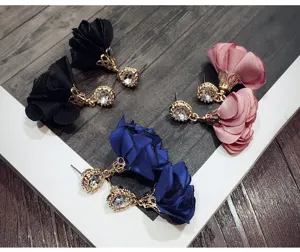 Chic rhinestone fabric flower earrings in stylish Korean design, featuring elegant rose drop details.