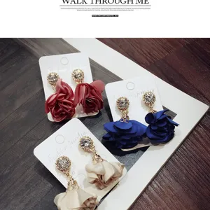 Elegant Alloy Fabric Rose Flower Stud Earrings Romantic Rhinestone Tassel Drop Earrings For Women Fashion Daily Jewelry Gift