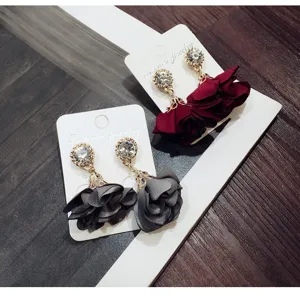 Korean style fabric flower rhinestone earrings, elegant tassel drop earrings for women daily use.