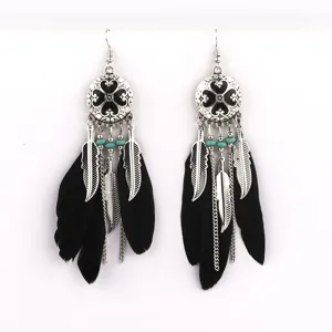 Boho Long Feather Tassel Earrings Vintage Ethnic Alloy Drop Earrings for Women