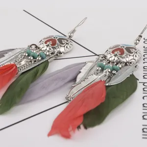 Bohemian vintage feather tassel earrings with alloy metal drop oil design for women.