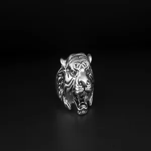 Vintage silver color roaring tiger head metal ring punk rock gothic detail shots