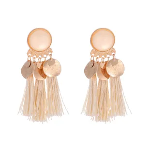 Bohemian alloy frosted disc tassel earrings, elegant and stylish drop design for women.