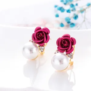 Chique roos bloem nep parel oorknopjes met fonkelende strass steentjes, elegante mode.