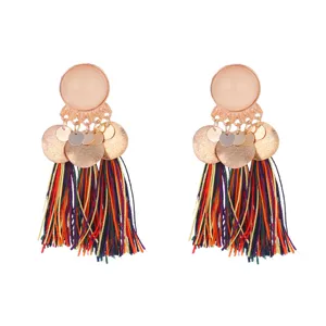 Bohemian multi-color tassel earrings with alloy frosted round disc pendants, fashion.