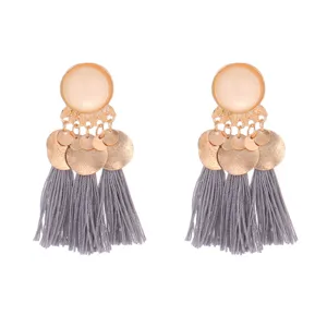 Bohemian oversized alloy matte disc tassel earrings, stylish multi-color fashion jewelry.