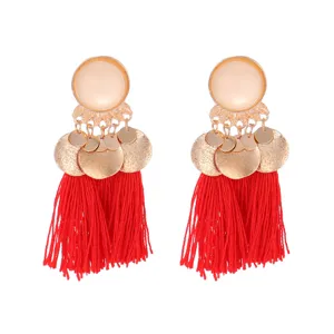Bohemian red tassel earrings with gold alloy frosted round discs for women fashion jewelry