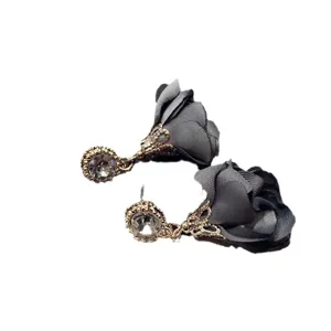 Elegant grey fabric rose flower crystal rhinestone dangle earrings for women fashion jewelry