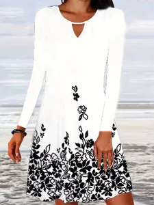 Vestido de mujer manga larga cuello V estampado floral estilo playa mini vestido.