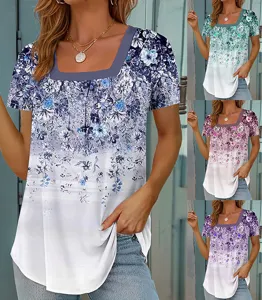 Women short sleeve square neck floral gradient t-shirt detail, casual summer top view.