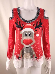 Weihnachten Schulterfreies Rentier Langarm Oberteil Detailansicht, festliche rote Mode.