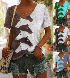 Μοντέρνο Γυναικείο T-Shirt V-Neck Κοντομάνικο με Στάμπες Κεφάλι Αλόγου Καλοκαιρινό Top