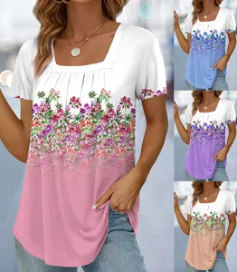 Detailed view of women's square collar short sleeve floral gradient print casual t-shirt top.