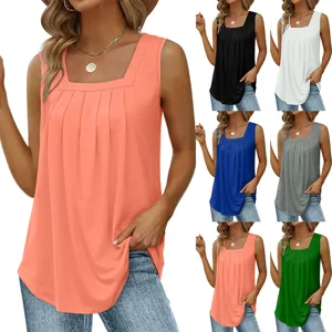 Women Casual Square Neck Pleated Tank Top Summer Solid Color And Stripe Sleeveless Basic Fashion Camisole Vest