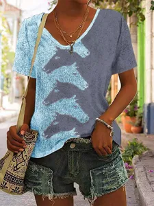 Γυναικείο V-Neck Color Block Κοντομάνικο T-Shirt Casual Καλοκαίρι Άλογο Print Top