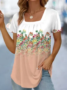 Women Square Neck Short Sleeve Floral Print T-Shirt Casual Summer Gradient Tee Top