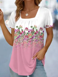Detailed view of women's square neck short sleeve floral print gradient casual t-shirt.