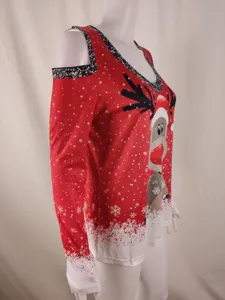 2024 Weihnachten Damen Langarm V-Ausschnitt Schulterfrei Druck Top, festliches Party T-Shirt.
