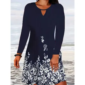 Vestido Midi con Estampado Floral y Cuello en V para Mujer Corte Holgado Estilo Dulce