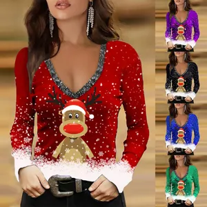 Weihnachten langarm V-Ausschnitt Damen T-Shirt mit süßem Rentier-Print und Schneedesign.