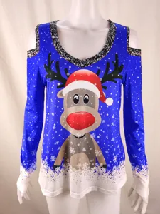 Detailansicht des Weihnachtlichen kalte Schulter Langarm Rentier Druck V-Ausschnitt Top.