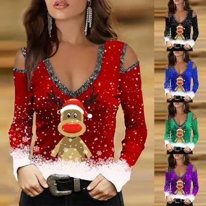 Damen Casual Weihnachten Langarm V-Ausschnitt Kalte Schulter T-Shirt Schmale Passform Baumwollmischung Festliches Top