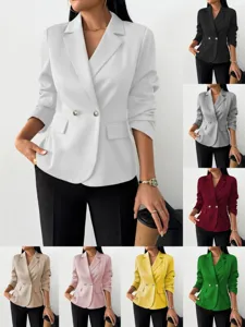 Chaqueta de blazer elegante y lisa con solapa clásica y doble botón para mujer otoño.