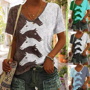 Dames Casual V-Hals Korte Mouw T-Shirt 3D Paardenhoofd Patroon Basis Zomer Losse Pullover Top Mode