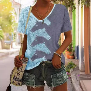 Dames mode V-hals korte mouw T-shirt met paardenhoofd print casual zomer top shirt