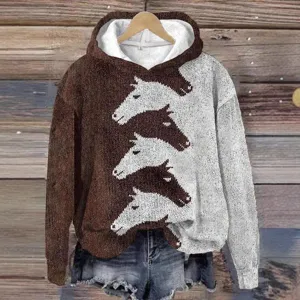 Dames colorblock paardenhoofd print hoodie casual lange mouw sweatshirt top mooi